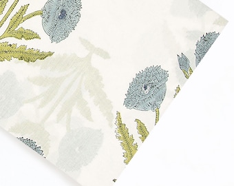 Hand Block Print Cotton Fabric | Blue Poppy Floral, Quilting Sewing