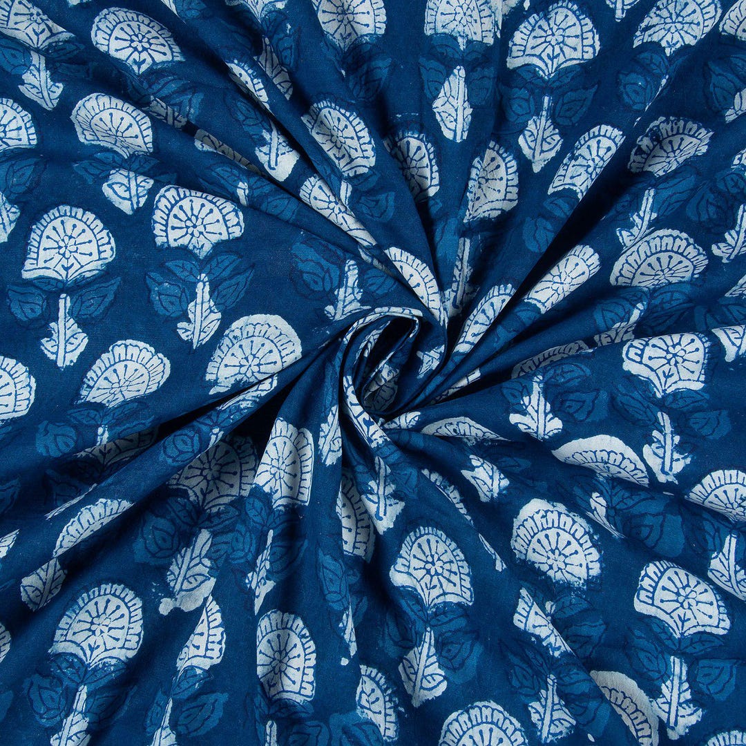 Blue Indigo Cotton Fabric | Floral Paisley Bird Leaf Print - Etsy