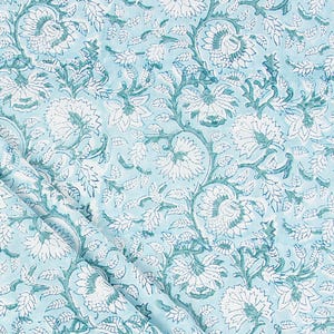 Aqua Floral Cotton Fabric By The Yard | Hand Block Print Textile