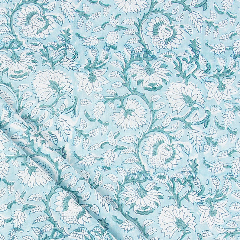 Aqua Floral Cotton Fabric By The Yard | Hand Block Print Textile