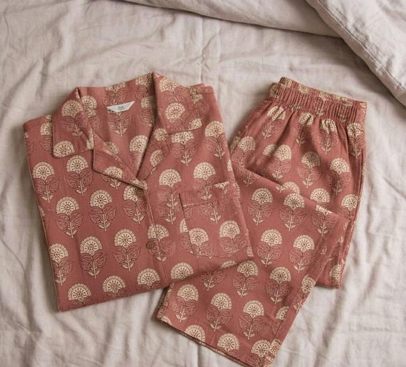 Hand Block Print Cotton Pajama Set, Indian Floral Sleepwear, Soft Loungewear