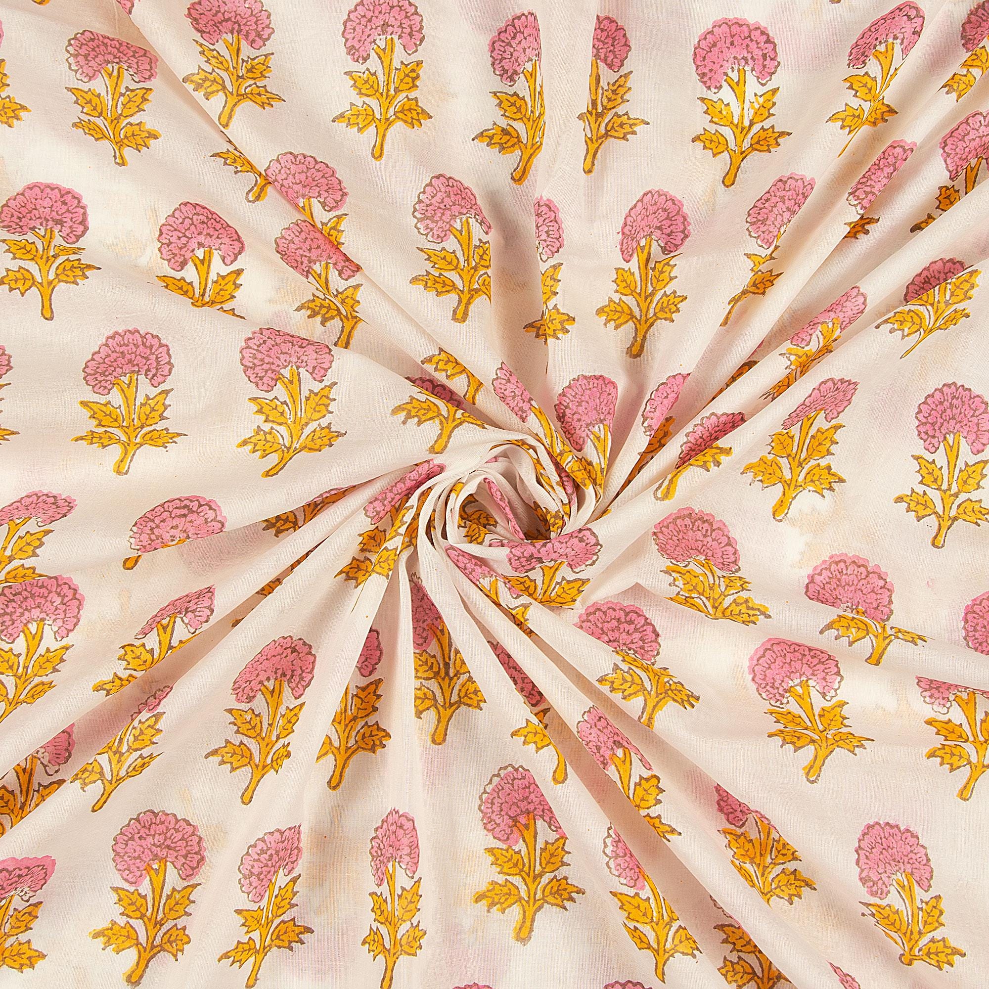 Hand Block Print Cotton Fabric | Marigold Floral Boota Design by the ...