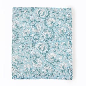 Aqua Floral Cotton Fabric By The Yard | Hand Block Print Textile