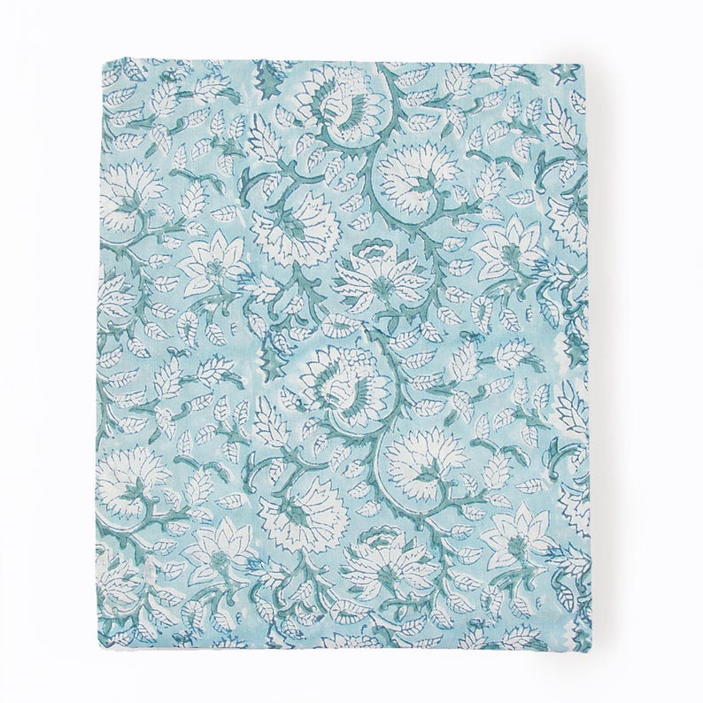 Aqua Floral Cotton Fabric By The Yard | Hand Block Print Textile