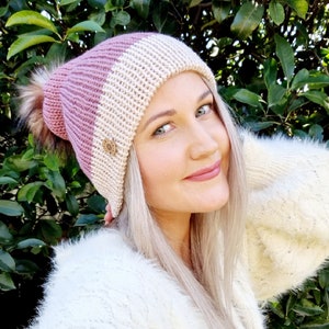 100% Australian Merino wool beanie 'BERRY NATURAL' Medium adult Detachable, luxury faux fur pom Reversible Convertible brim image 1