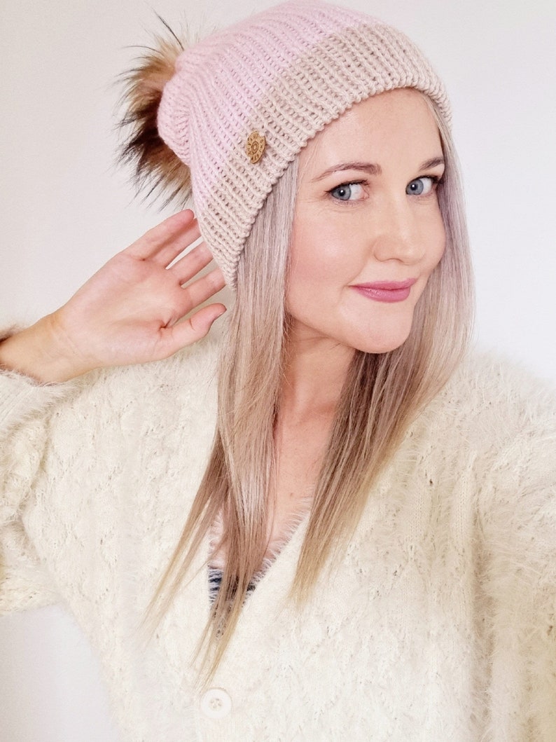 100% Australian Merino wool beanie 'SHWHEAT PINK' Medium adult Detachable, luxury faux fur pom Reversible Convertible brim image 2