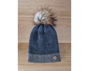 100% Australian Merino wool beanie | 'CHARCULT' | Medium adult | Detachable, luxury faux fur pom | Reversible | Convertible brim