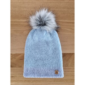 100% Australian Merino wool beanie 'ICICLES' Medium adult Detachable, luxury faux fur pom Reversible Convertible brim image 1