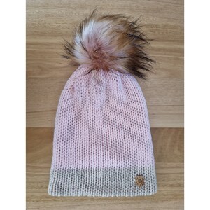 100% Australian Merino wool beanie 'SHWHEAT PINK' Medium adult Detachable, luxury faux fur pom Reversible Convertible brim image 1