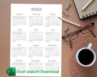 Calendario de visión general anual digital perpetuamente imprimible (basado en MS Excel).  ¡Muestra cumpleaños!  ¡Imprima todos y cada uno de los años a partir de una compra!