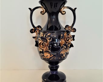 Large Vintage Italian Ceramic Vase 1960s Handcrafted Flower Vase Decorated Vase Made in Italy Old Italian Vase Cobalt Blue