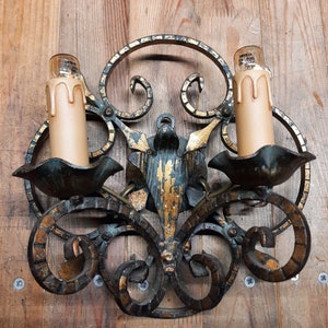 Pair of hand-wrought iron wall sconces, vintage wall sconces, wall lamps, wall candle holders, antique wall sconce set