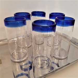 Hand Blown Mexican Glasses 6 Cobalt Blue Rim Juice Glasses Colorful Cocktail Glasses for Vintage Bars and Restaurants