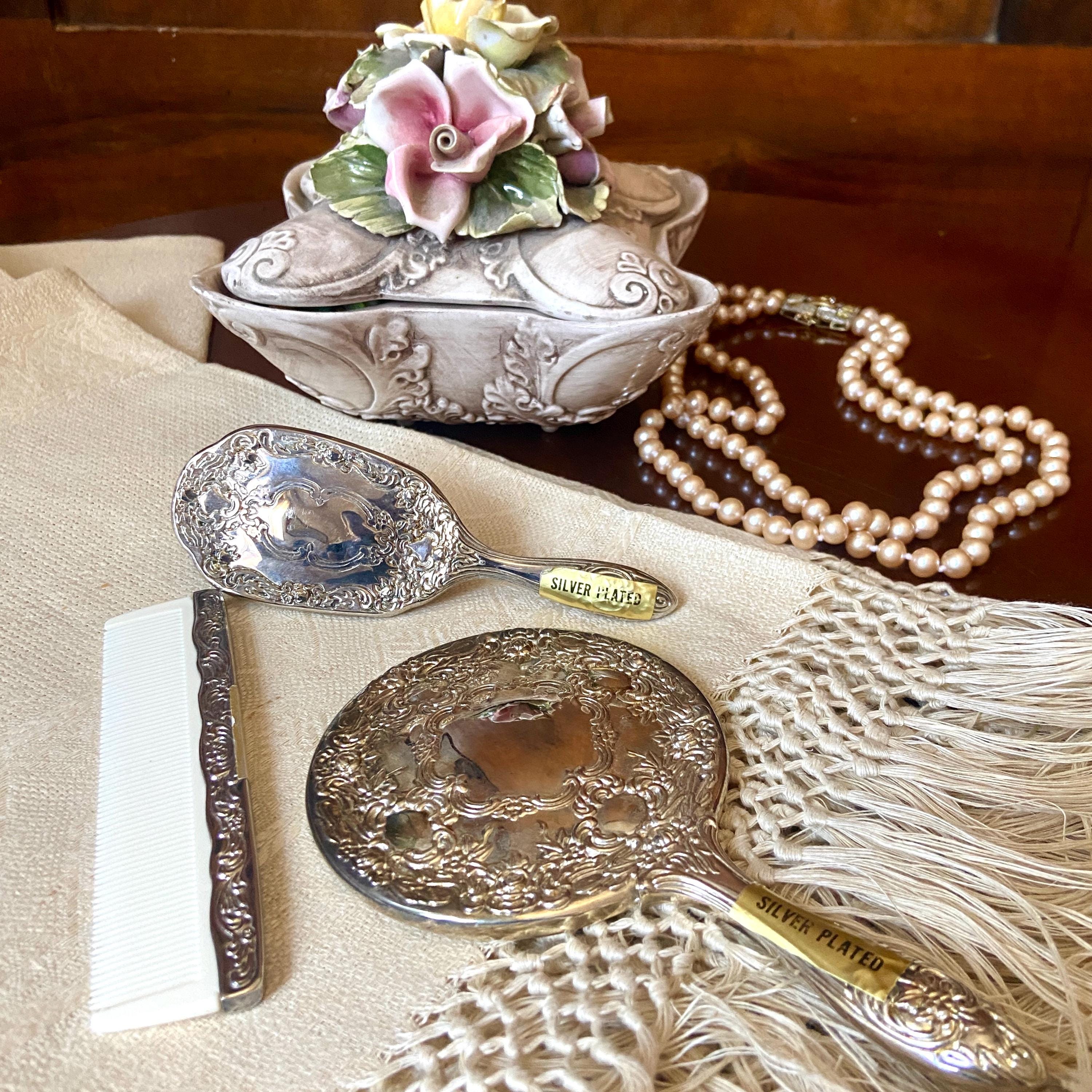 Silver Plated Vanity Set Mirror, Brush and Comb With Floral  display picture 3