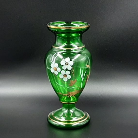 ●MODERN VINTAGE GLASS FLOWER VASE● Green Czech Glass Vase With Hand Painted Flowers Vintage Vase 90s