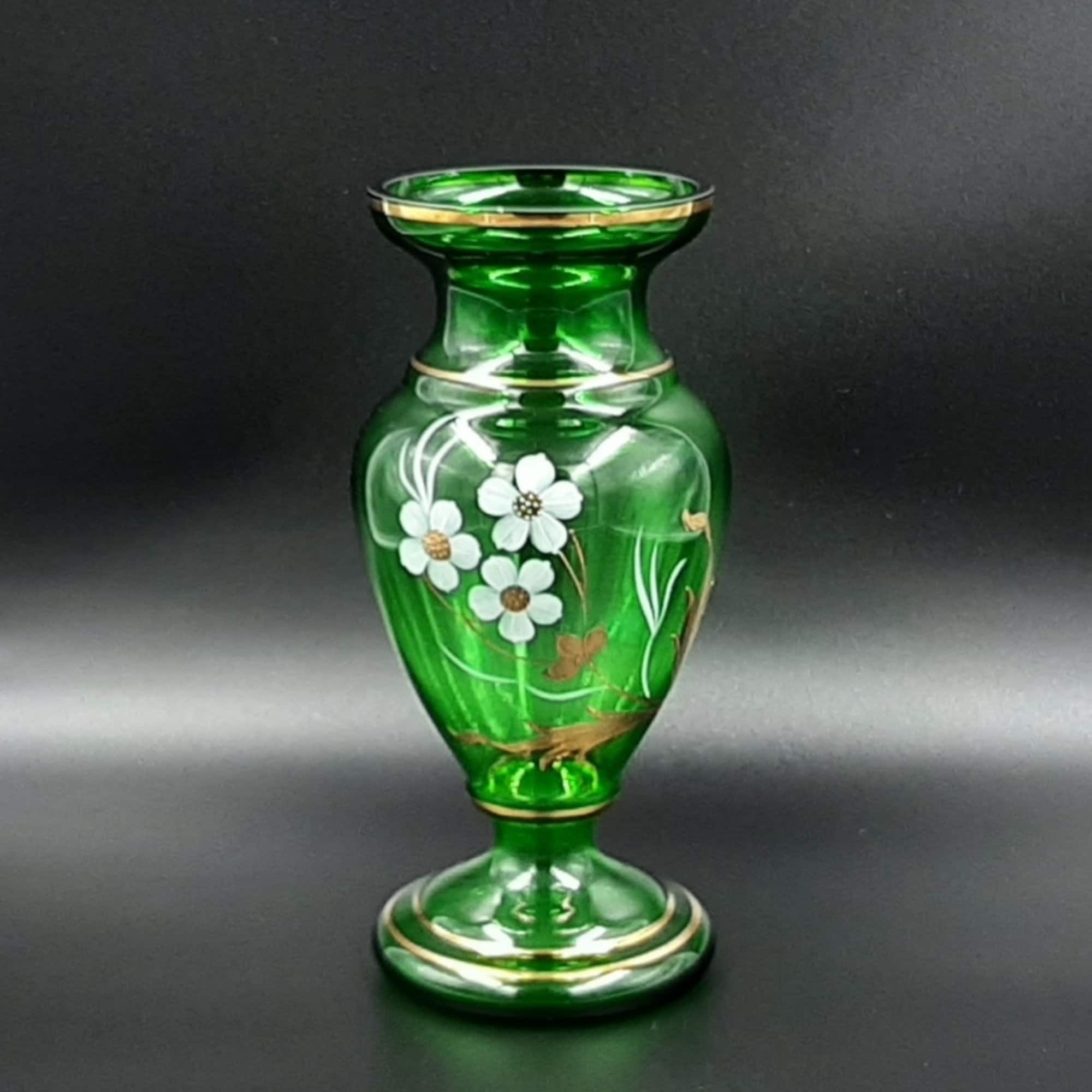 Green Czech Glass Vase With Hand Painted Flowers Vintage Vase 90s