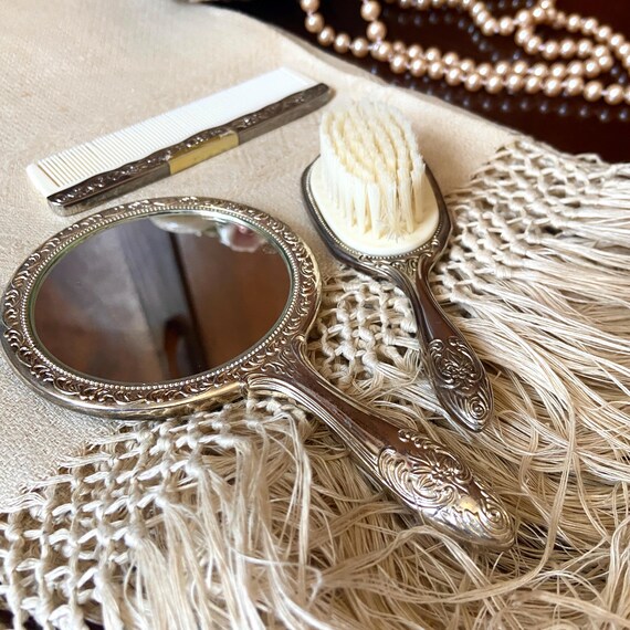 Silver Plated Vanity Set Mirror, Brush and Comb With Floral  display picture 3