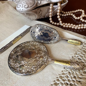 Silver Plated Vanity Set Mirror, Brush and Comb with Floral Decor Retro Bathroom Accessories Vanity Set Vintage Gift