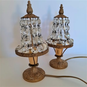 Pair of Vintage Bedside Lamps Antique Table Lamps Empire Style Table Lamps with Glass Drops Vintage Lampshades Italy