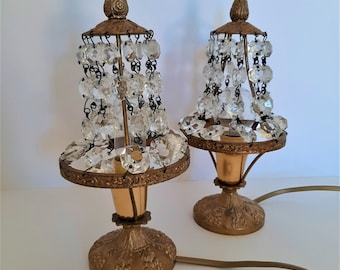 Pair of Vintage Bedside Lamps Antique Table Lamps Empire Style Table Lamps with Glass Drops Vintage Lampshades Italy