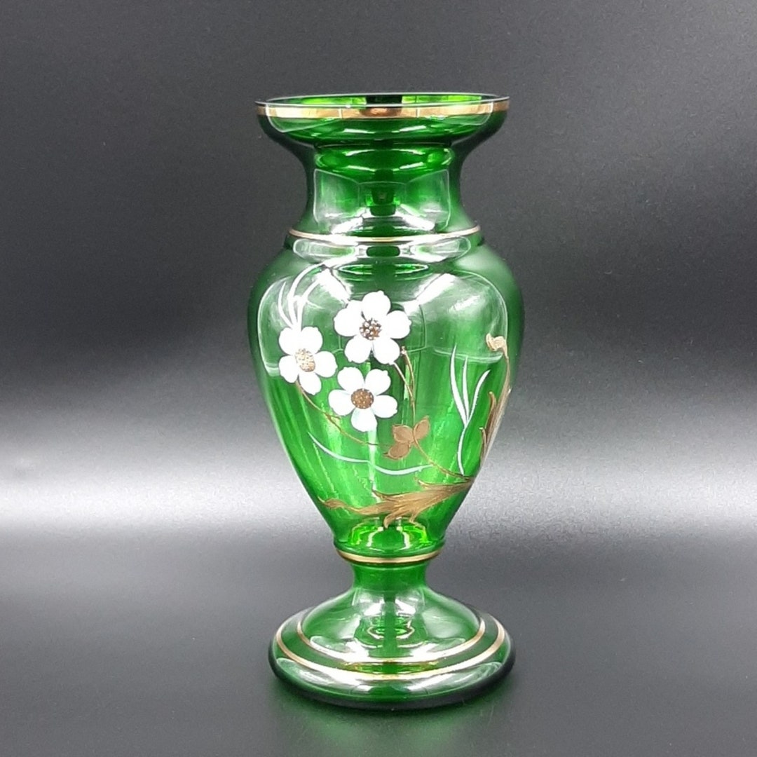 Green Czech Glass Vase With Hand Painted Flowers Vintage Vase 90s