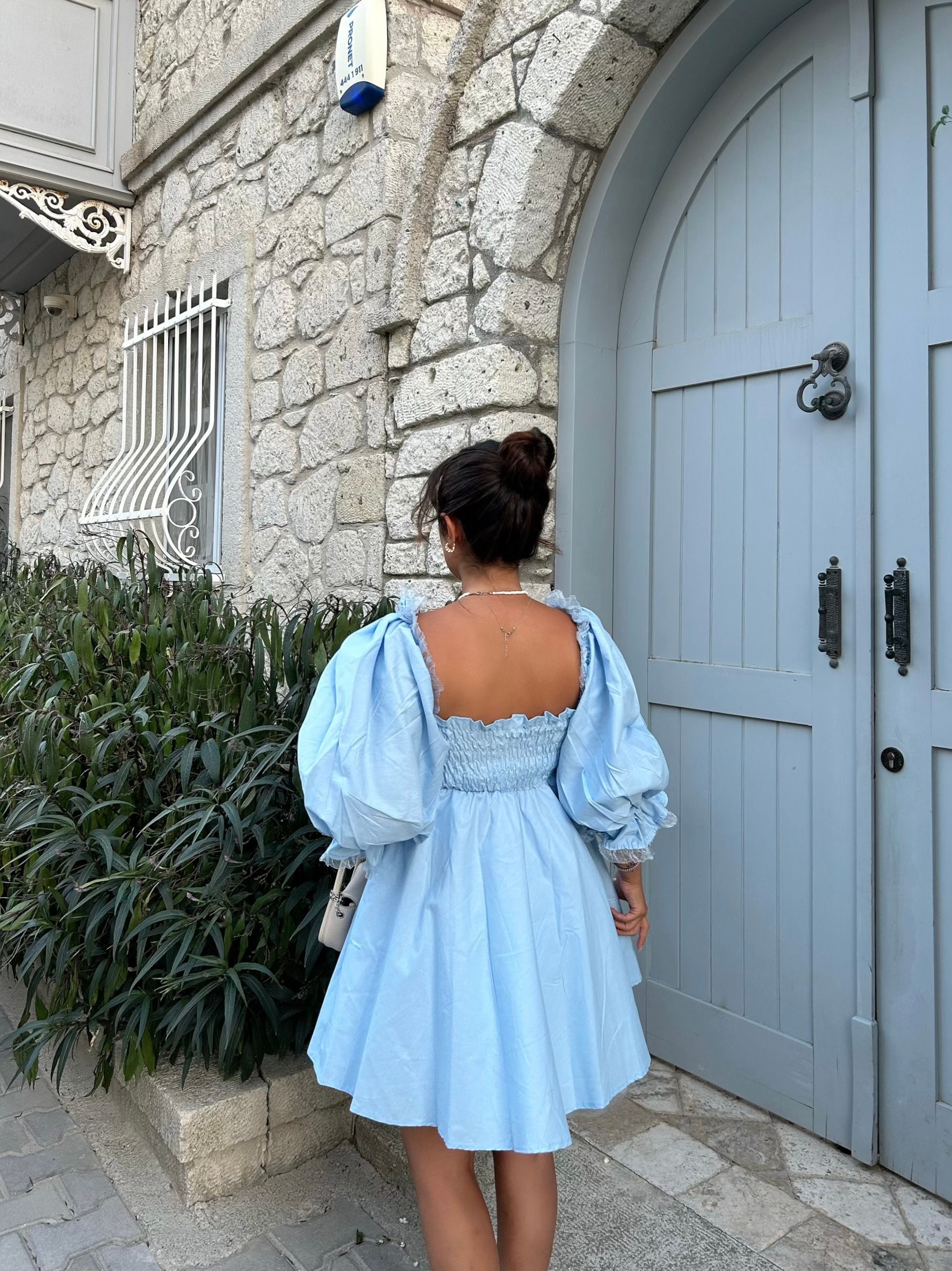 Puff Sleeve Sparkling Dress Blue Black
