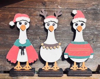Christmas Goose Friends | Yule Decor | Wooden Silly Goose | Holiday Geese with Stand