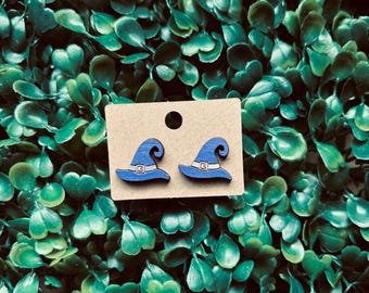 Witch Hat Earring Studs | Wooden Spooky Season Earrings | Halloween Earrings | Hypoallergenic Stainless Steel Posts