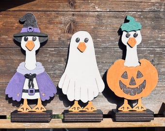 Halloween Goose Friends | Wooden Silly Goose | Spooky Geese with Stand
