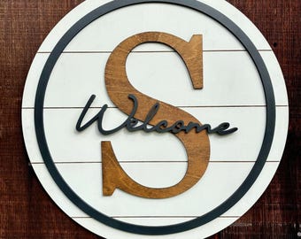 Welcome Wooden Monogram Family Sign | Custom Initial Hanger | Personalized Name Sign | Front Door Porch Decor | Monogram Door Wreath