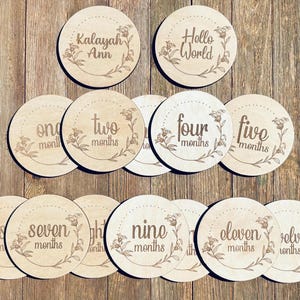 Floral Baby Monthly Milestone Markers w/ Personalization | Engraved Wood Monthly Markers | Baby Photo Props | Newborn and Birth Announcement
