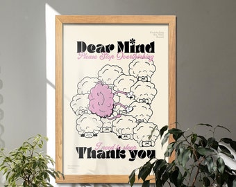 Sea amable con su mente, impresión de pared de cita retro, querida mente, arte de pared de salud mental, carteles de amor propio, arte de salud mental, arte de pared retro de los años 70