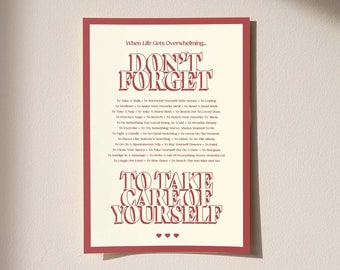 Retro Quote Wall Decor, Self Care Quotes, Positive Affirmations Poster, 70's Retro Print, Mental Health Poster, Take Care of Yourself Print