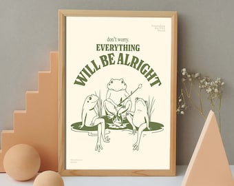 Everything Will Be Fine Poster, Trust The Universe Wall Art, Retro Motivation Print, Cute Frog Print, Self Care Poster, Anxiety Relief Art