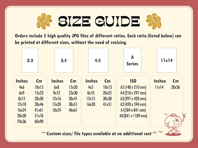May include: Size guide chart with various print sizes in inches and centimeters, including 4x6 (10x15 cm), 6x9 (15x23 cm), and 8x12 (20x30 cm). Also includes ISO A series sizes.