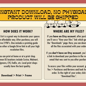 May include: Cream-colored digital art information sheet with text in black and a yellow banner that reads "INSTANT DOWNLOAD, NO PHYSICAL PRODUCT WILL BE SHIPPED". Includes instructions on how to download and print digital art.