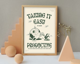 Stampa Take it Easy, Arte da parete con citazione retrò, Prendersela comoda, Arte per la cura di sé, Poster sulla salute mentale, arte da parete degli anni '70, Citazione del rallentamento, Terra retrò