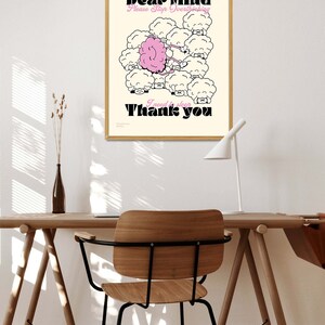 May include: A framed art print with the words "Dear Mind Please Stop Overthinking" in black and pink. The artwork features a pink brain surrounded by sheep-like figures. The phrase "I need to sleep, Thank you" is at the bottom.