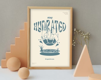 Poster Bevi la tua acqua, Stampa da parete con citazione retrò, Resta idratato, Arte per la cura di sé, Arte da parete degli anni '70, Arte da parete con illustrazione di tartaruga, Arte vintage carina