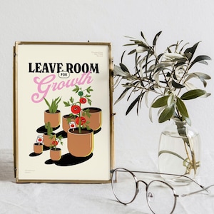 Impresión de pared retro, Dejar espacio para el crecimiento, Cartel de mentalidad de crecimiento, Decoración de pared botánica, Arte inspirado en los años 70, Arte para seguir creciendo, Impresiones de comida lindas