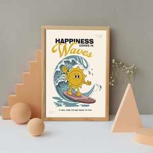 Happiness Comes In Waves Print, Retro Quote Wall Art, Retro Sun Wall Decor, Self Love Poster, Mental Health Poster, Aesthetic Vintage Print