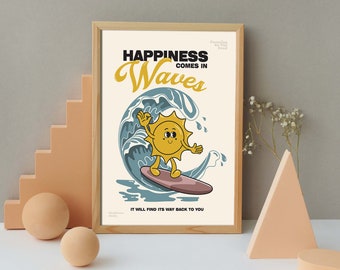Happiness Comes In Waves Print, Retro Quote Wall Art, Retro Sun Wall Decor, Self Love Poster, Mental Health Poster, Aesthetic Vintage Print