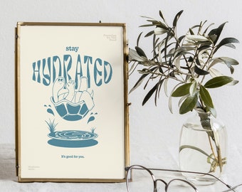 Drink Your Water Poster, Retro Animal Print, Stay Hydrated, Self Care Art, 70's wall art, Turtle Illustration Wall Art, Cute Vintage Art