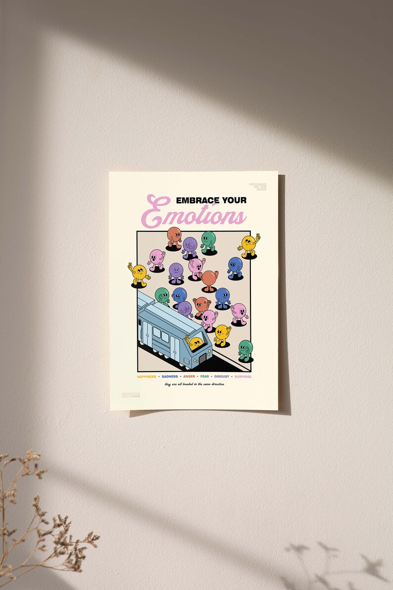May include: A poster with the text "Embrace Your Emotions" in pink and black. The poster features cartoon characters representing emotions like happiness, sadness, and anger, with a train in the center. The text at the bottom reads "They are all headed in the same direction."