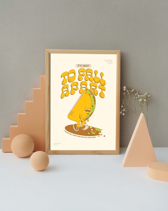 Taco Poster, Retro Kitchen Print, Cute Funny Posters, Mexican Food Print, Counselor office decor, Retro Character Print, Taco Wall Art