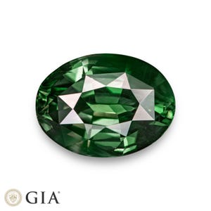 Puede incluir: Una gema ovalada de color verde vibrante con un corte facetado. La gema está colocada sobre un fondo blanco.