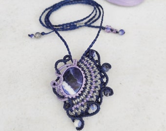 Blue macrame sodalite necklace. Handmade one of a kind pendant. Bohemian chic jewelry. Elegant necklace.