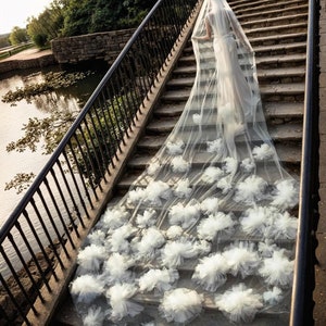 Cathedral Wedding Veil: Fluffy Tulle Flowers, Dramatic Train