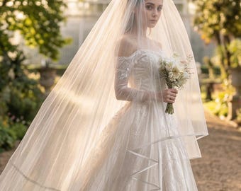 Brautschleier Hochzeitsschleier mit Blusher: Zwei-Reihen-Satinborte, Kapellenlänge