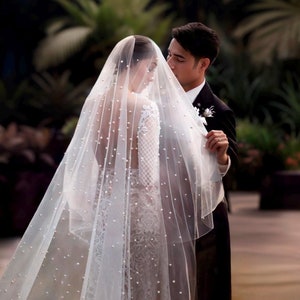 Classic Pearl Wedding Veil - Two Layer with Blusher and One Layer Bridal Veil - Ivory and White Veil with Comb - Custom Length Options